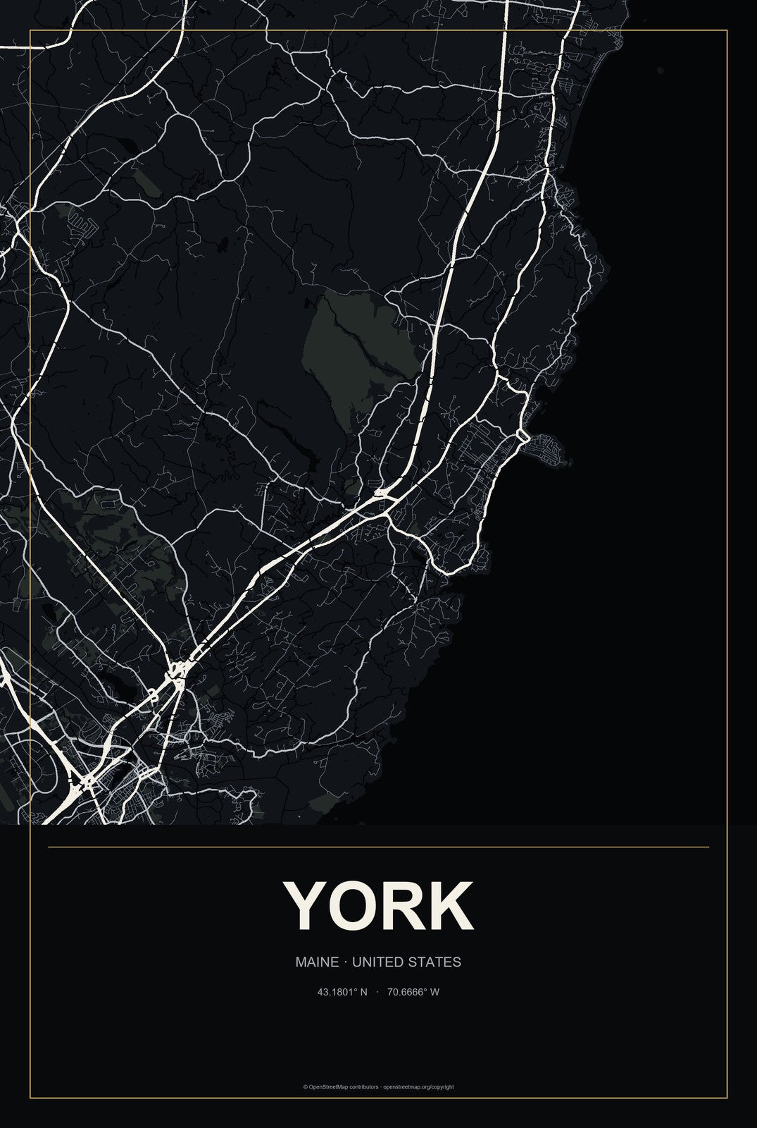 York, Maine City Map Aluminum Sign in Metropolitan Noir style