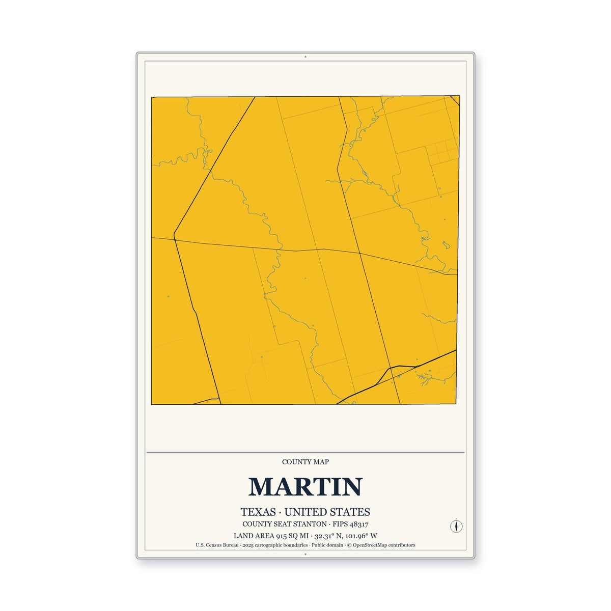 Martin County, Texas Map Aluminum Sign in Citrine Modern style