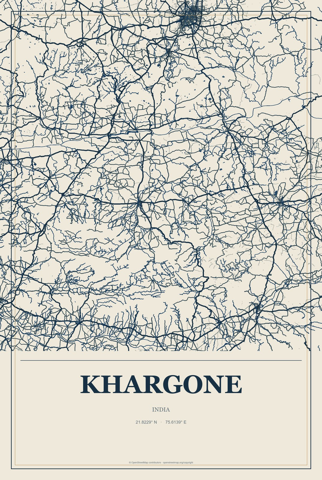 Khargone, India City Map Aluminum Sign in Coastal Cutout style