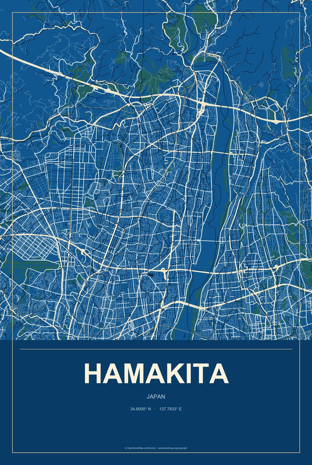 Hamakita, Japan City Map Aluminum Sign in Harbor Cobalt style