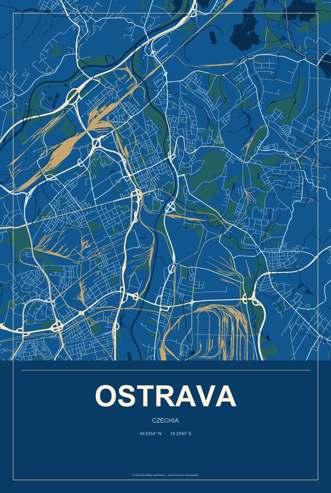 Ostrava, Czechia City Map Aluminum Sign in Harbor Cobalt style