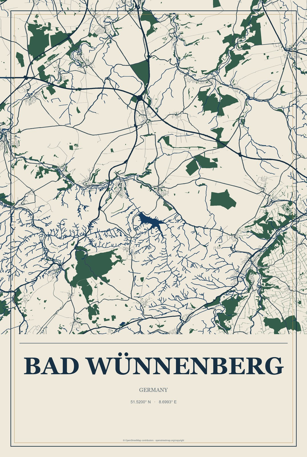 Bad Wünnenberg, Germany City Map Aluminum Sign in Coastal Cutout style