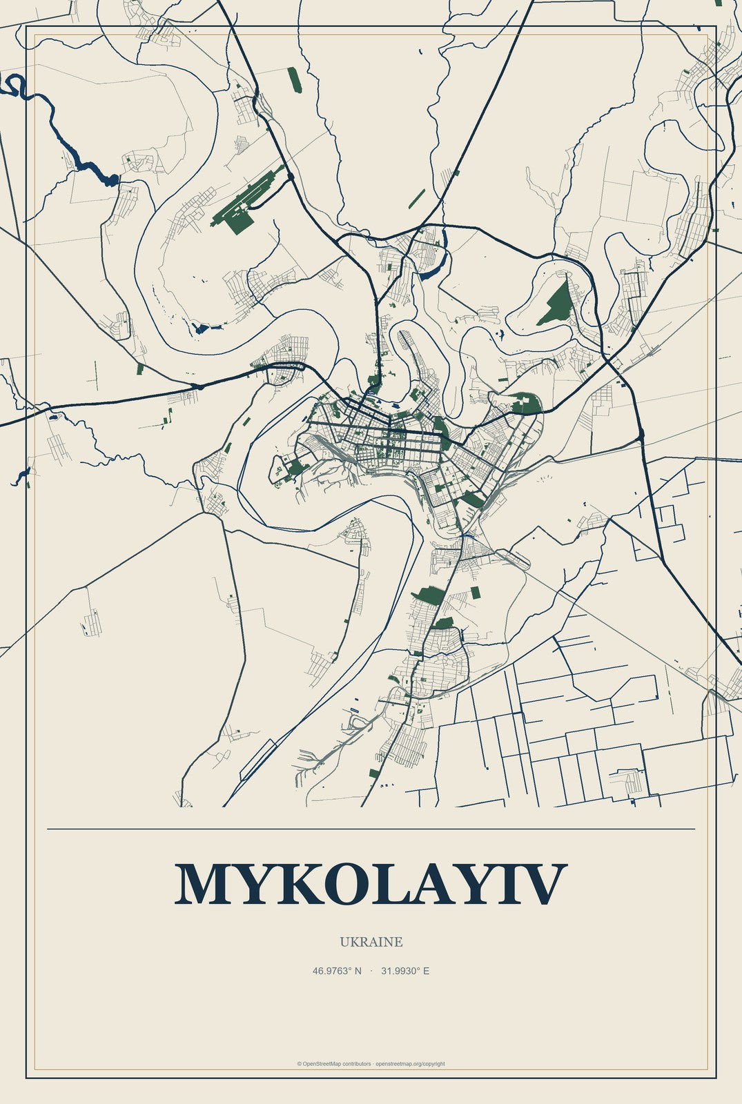 Mykolayiv, Mykolaiv, Ukraine City Map Aluminum Sign in Coastal Cutout style