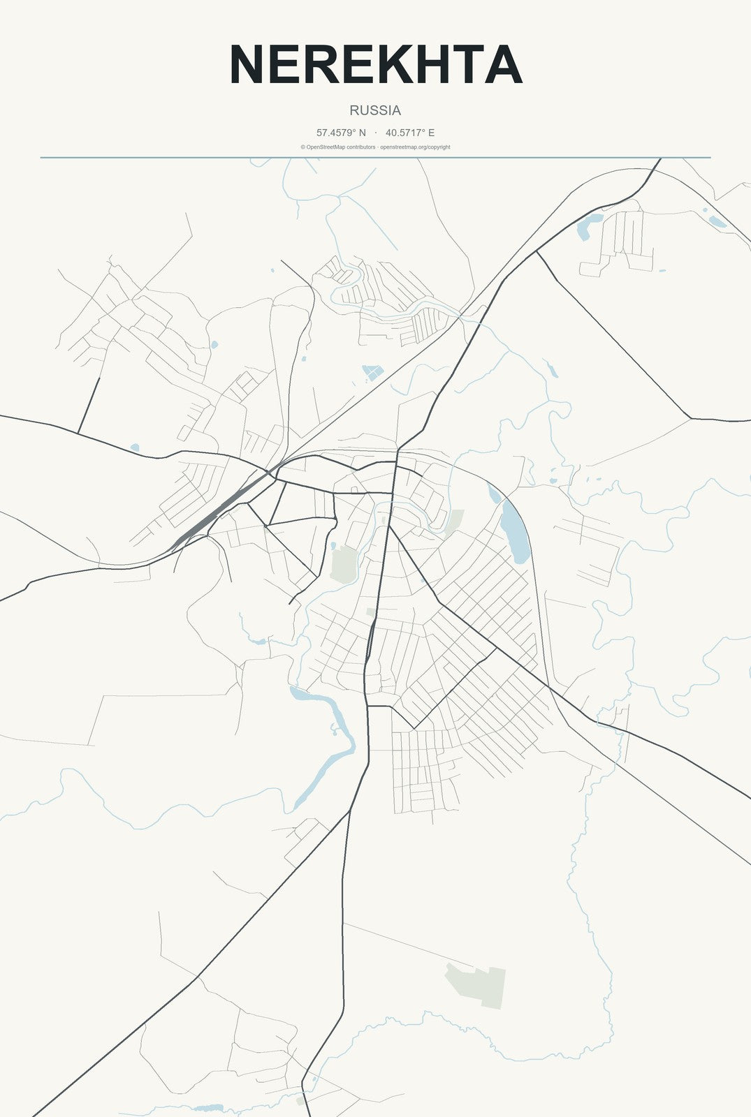 Nerekhta, Russia City Map Aluminum Sign in Headline Atlas style