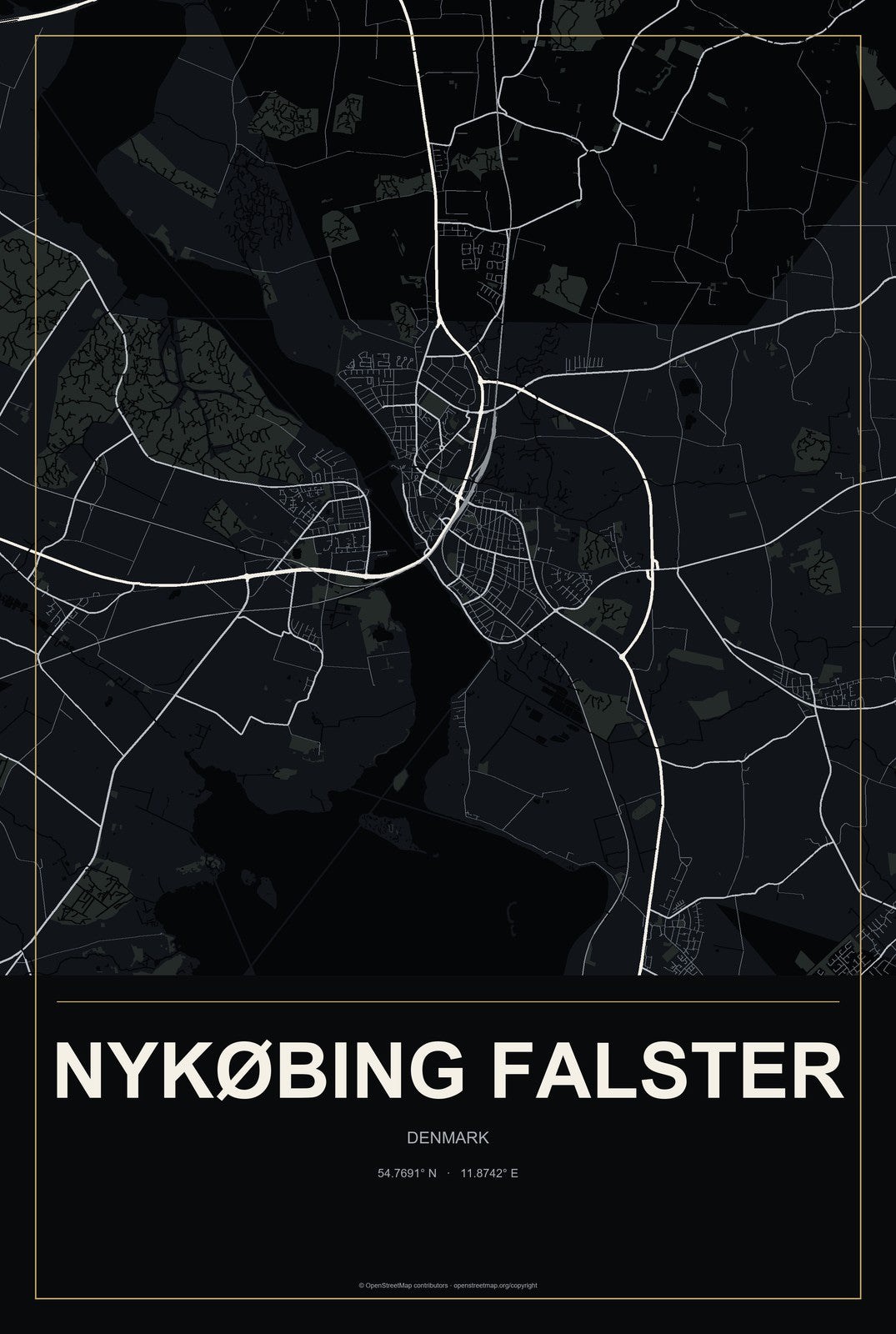 Nykøbing Falster, Denmark City Map Aluminum Sign in Metropolitan Noir style