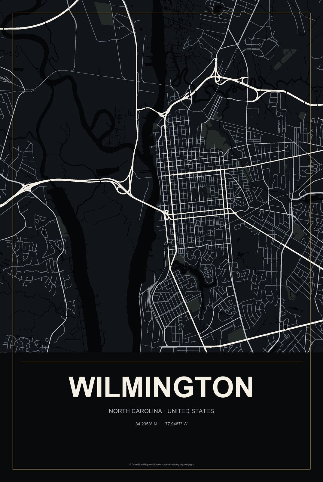 Wilmington, North Carolina City Map Aluminum Sign in Metropolitan Noir style