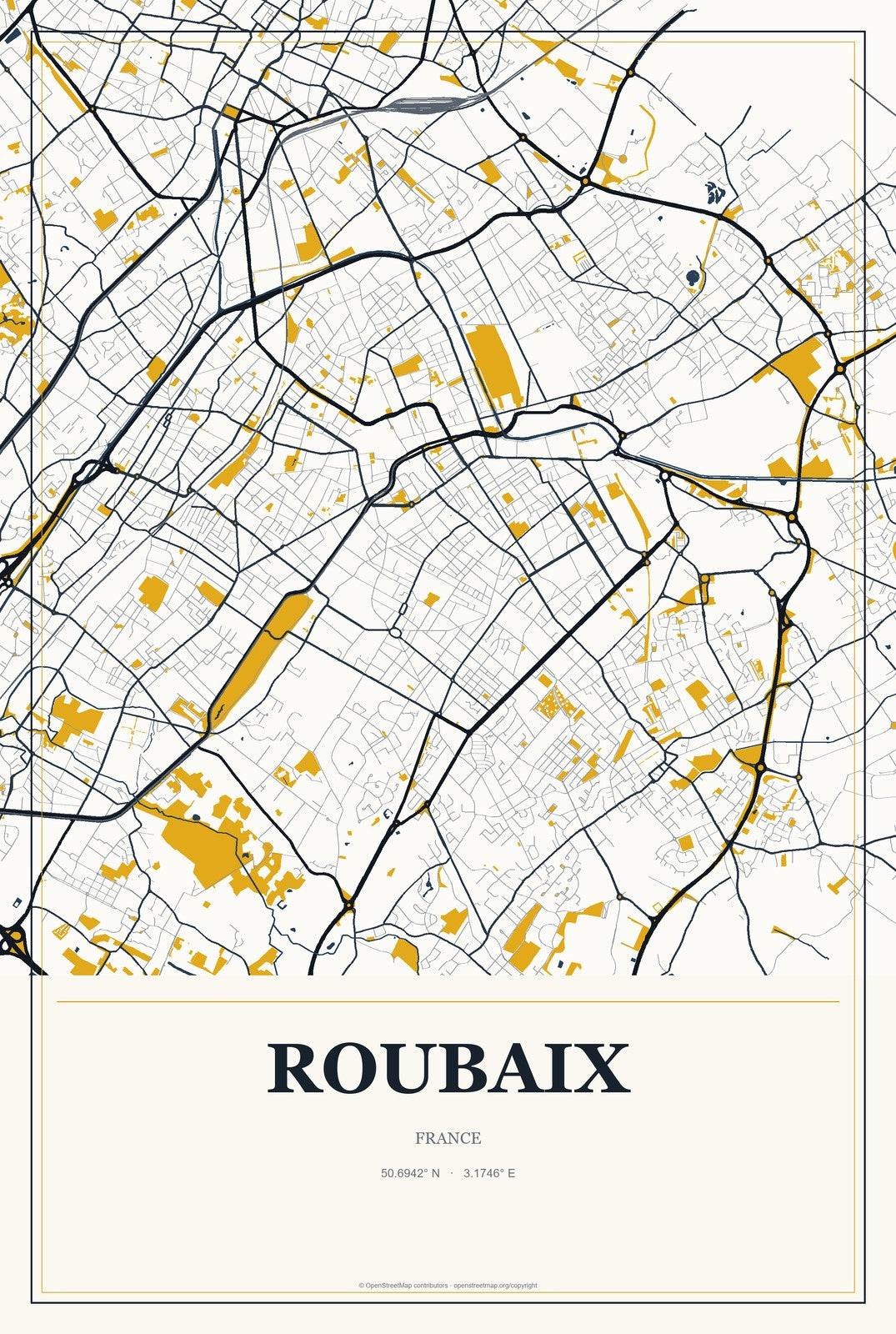 Roubaix, France City Map Aluminum Sign in Citrine Modern style