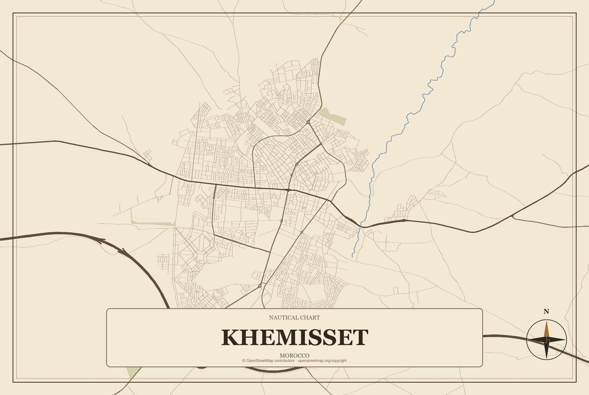 Khemisset, Morocco City Map Aluminum Sign in Heritage Nautical style