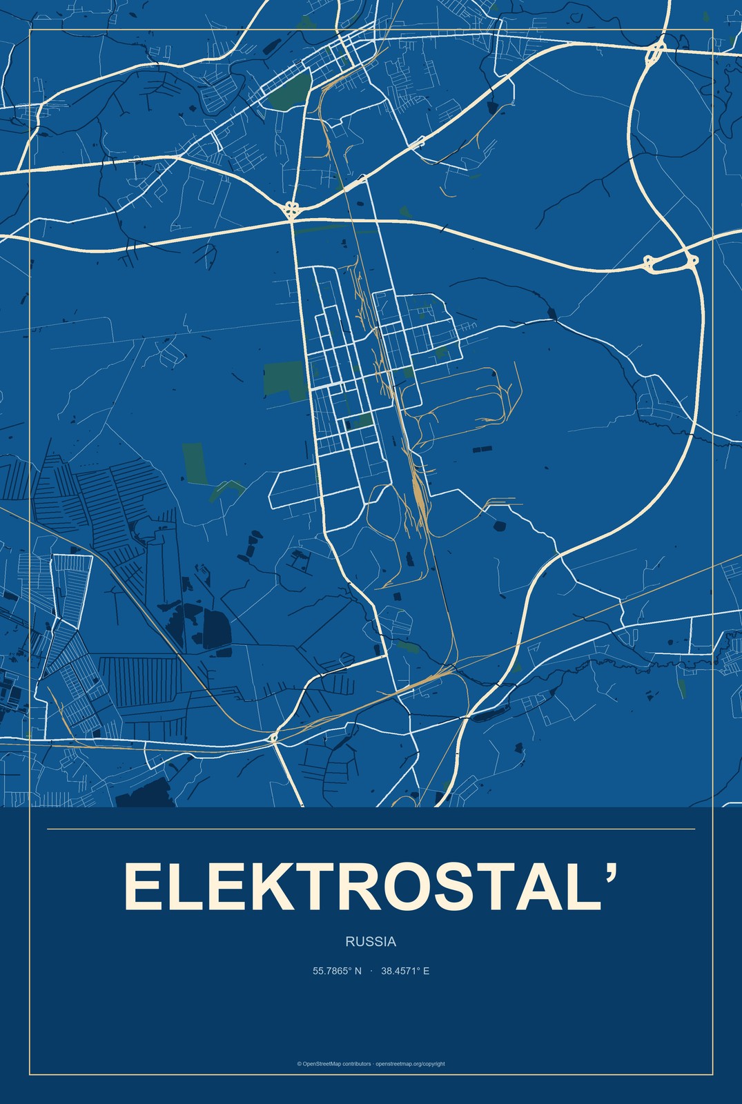 Elektrostal’, Russia City Map Aluminum Sign in Harbor Cobalt style