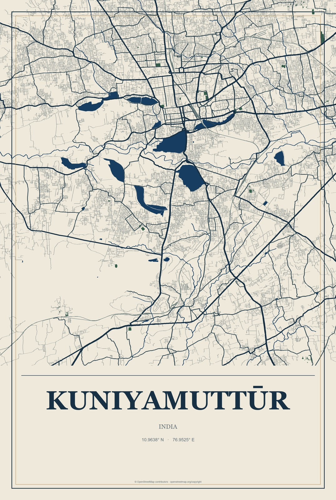 Kuniyamuttūr, India City Map Aluminum Sign in Coastal Cutout style