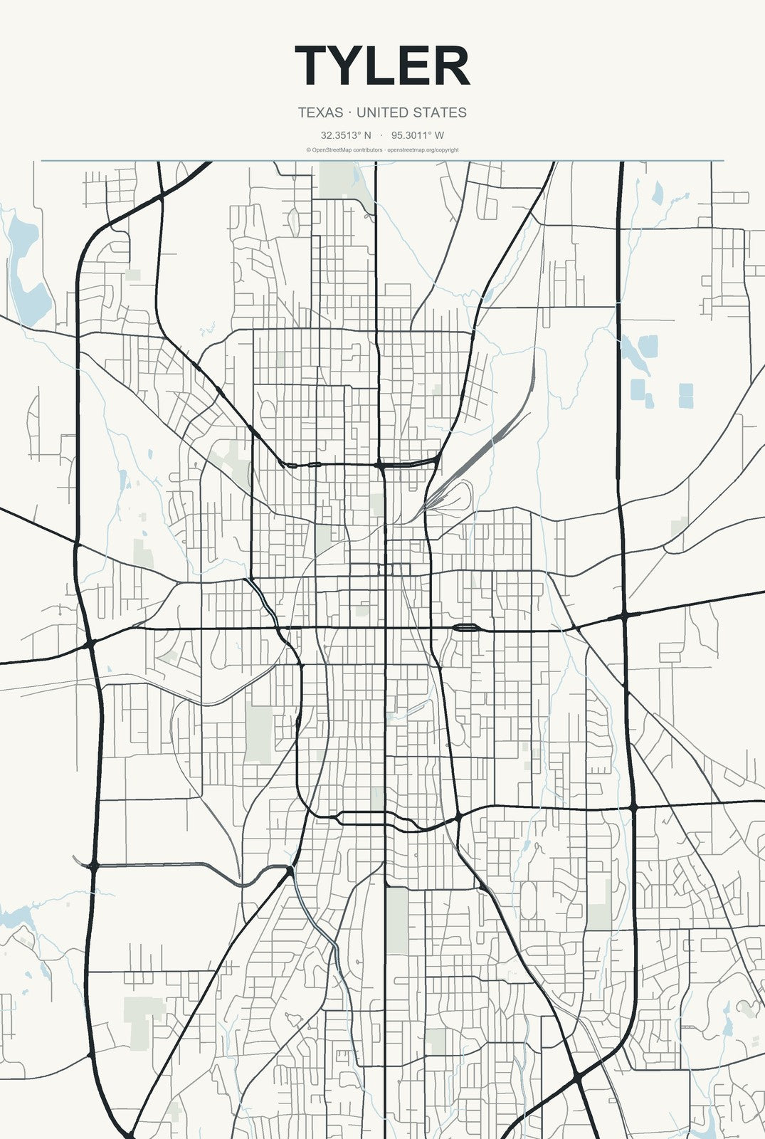 Tyler, Texas City Map Aluminum Sign in Headline Atlas style