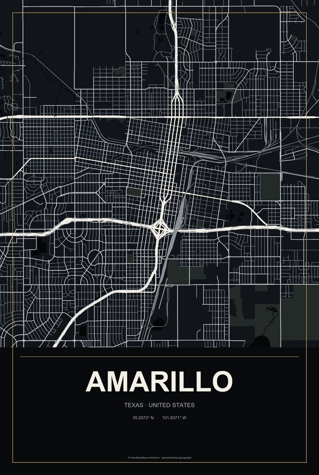 Amarillo, Texas City Map Aluminum Sign in Metropolitan Noir style