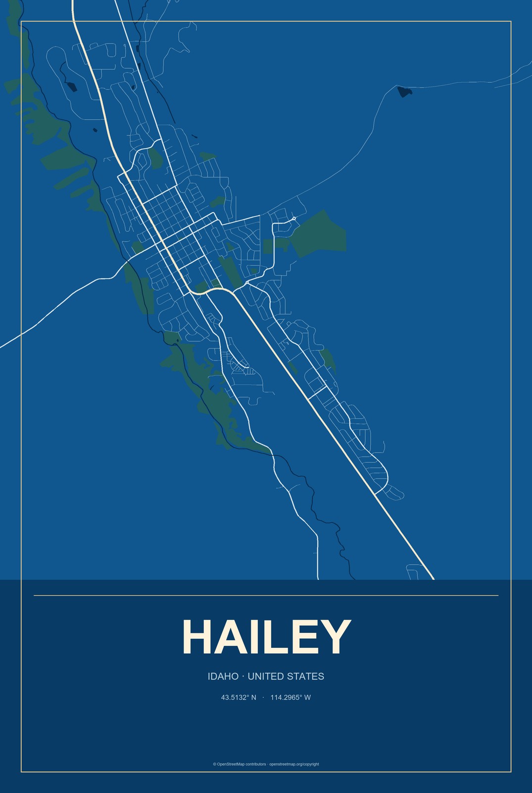 Hailey, Idaho City Map Aluminum Sign in Harbor Cobalt style