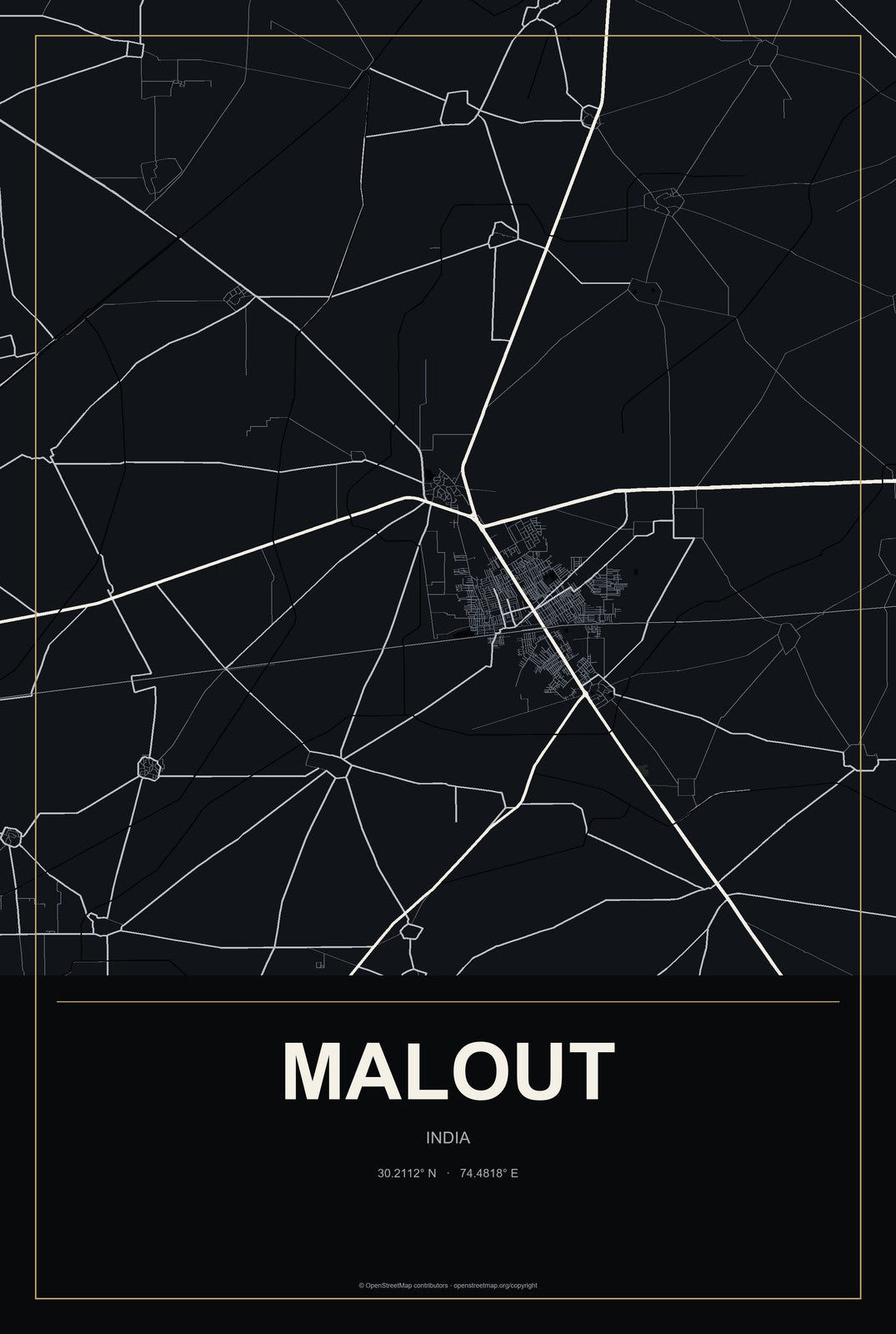 Malout, India City Map Aluminum Sign in Metropolitan Noir style