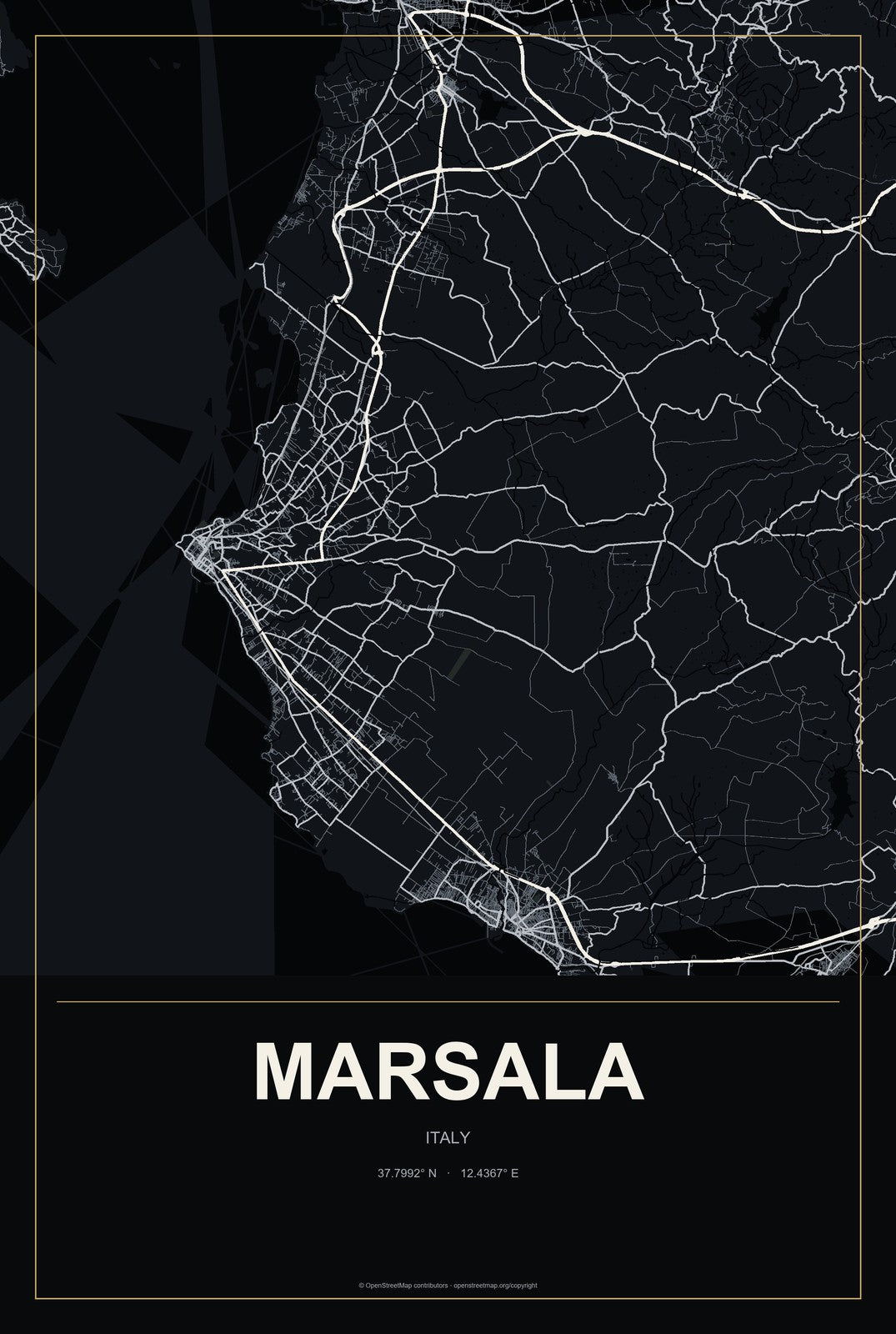 Marsala, Italy City Map Aluminum Sign in Metropolitan Noir style