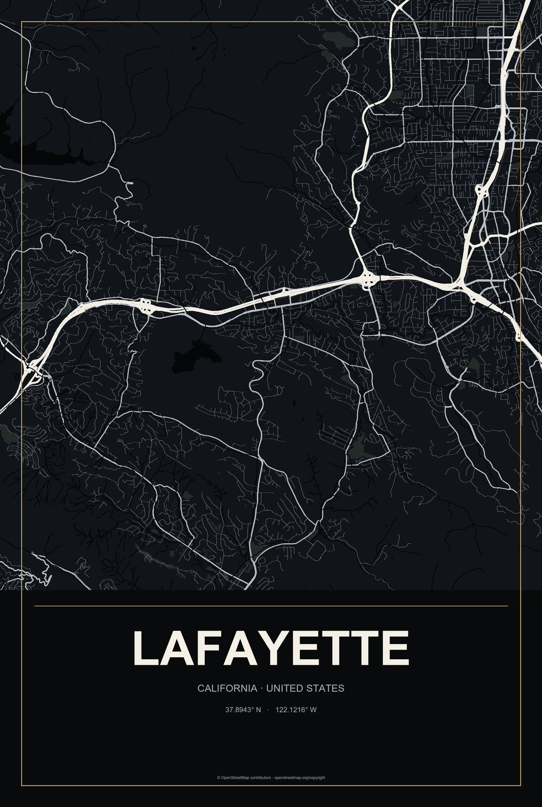 Lafayette, California City Map Aluminum Sign in Metropolitan Noir style