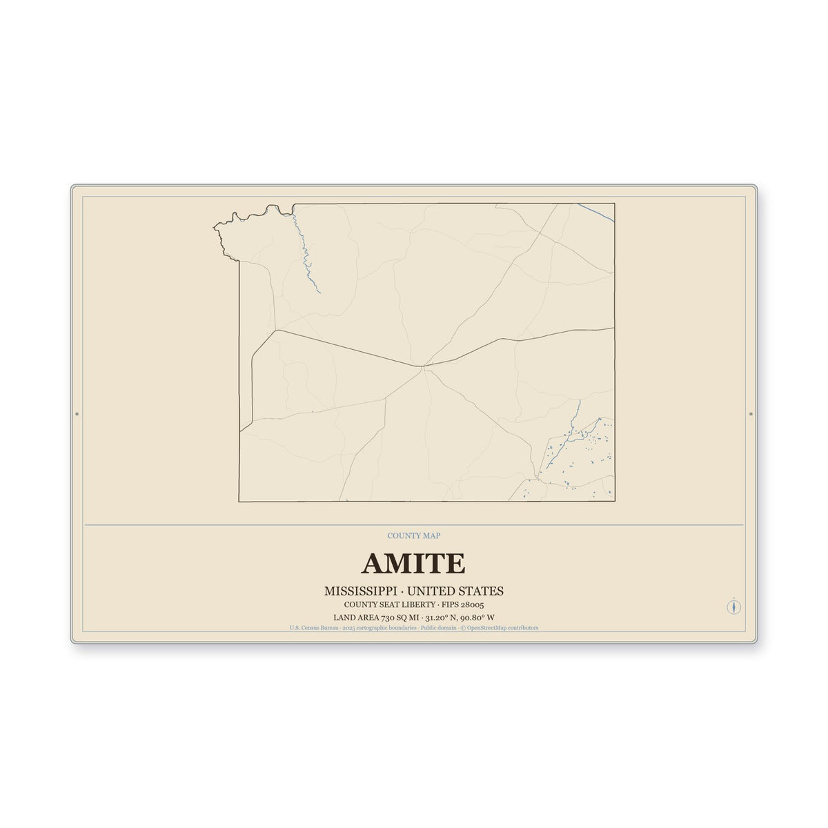 Amite County, Mississippi Map Aluminum Sign in Heritage Nautical style
