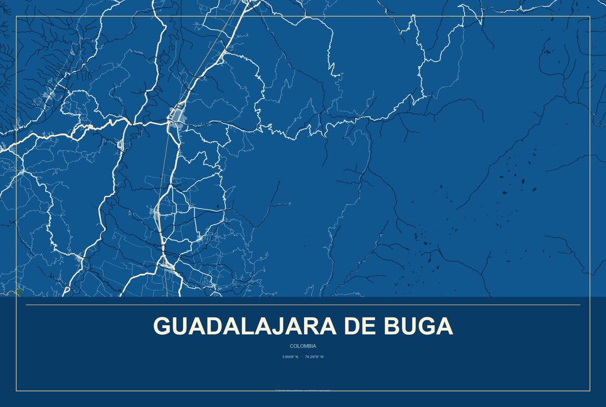 Guadalajara de Buga, Colombia City Map Aluminum Sign in Harbor Cobalt style