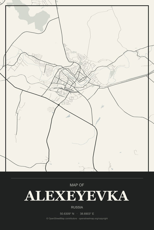 Alexeyevka, Russia City Map Aluminum Sign in Museum Plaque style