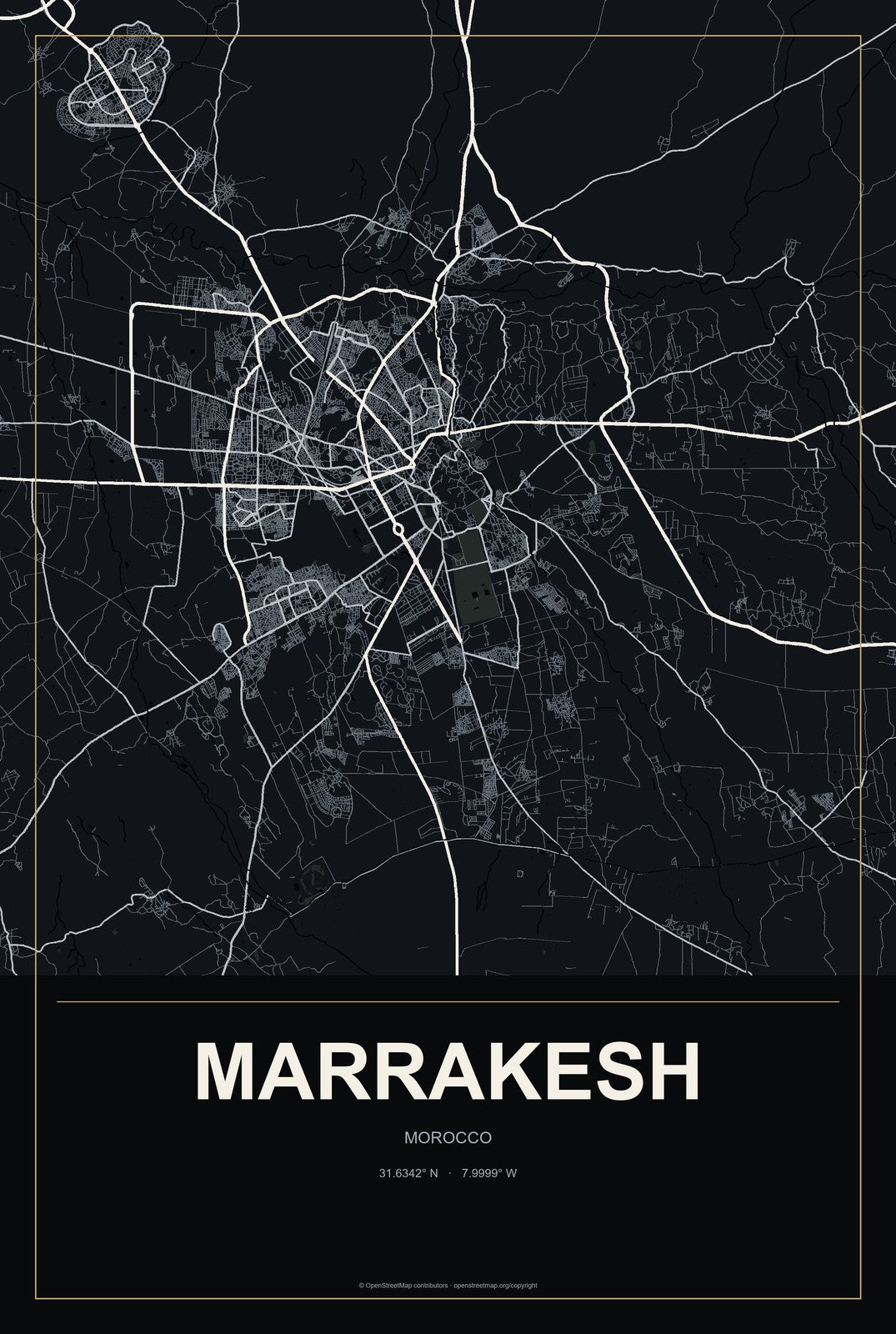 Marrakesh, Morocco City Map Aluminum Sign in Metropolitan Noir style