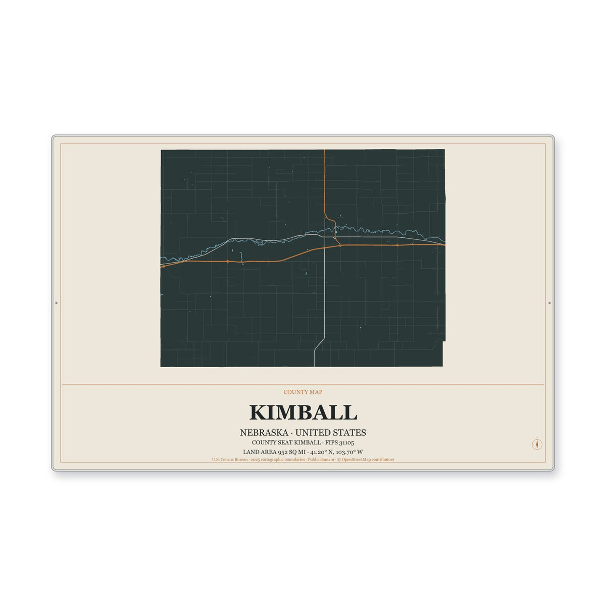 Kimball County, Nebraska Map Aluminum Sign in Headline Atlas style