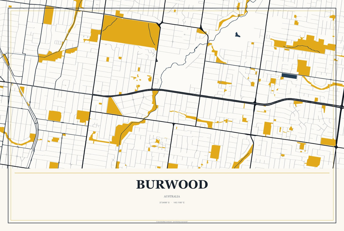 Burwood, Australia City Map Aluminum Sign in Citrine Modern style