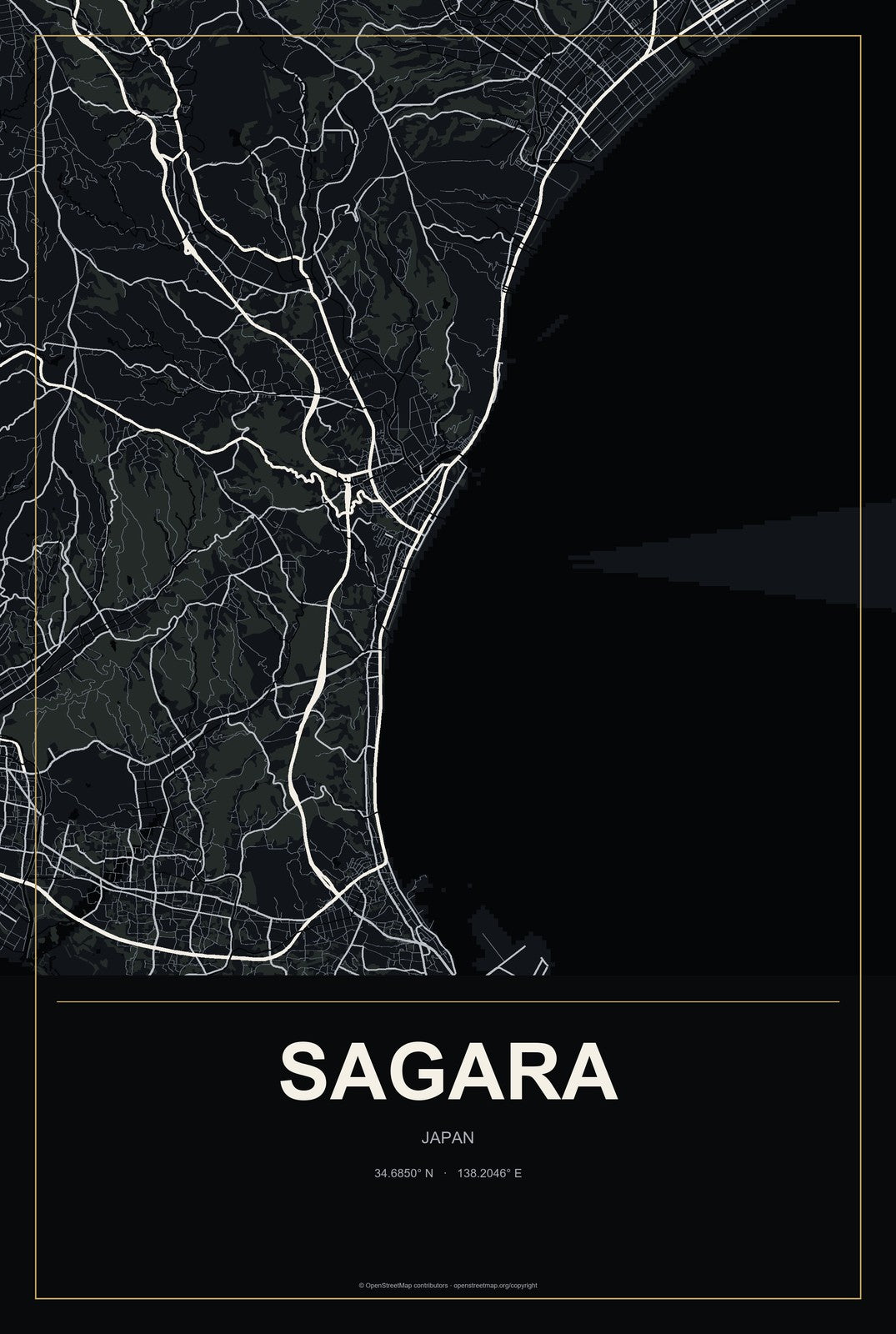 Sagara, Japan City Map Aluminum Sign in Metropolitan Noir style