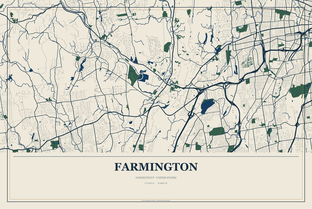 Farmington, Connecticut City Map Aluminum Sign in Coastal Cutout style