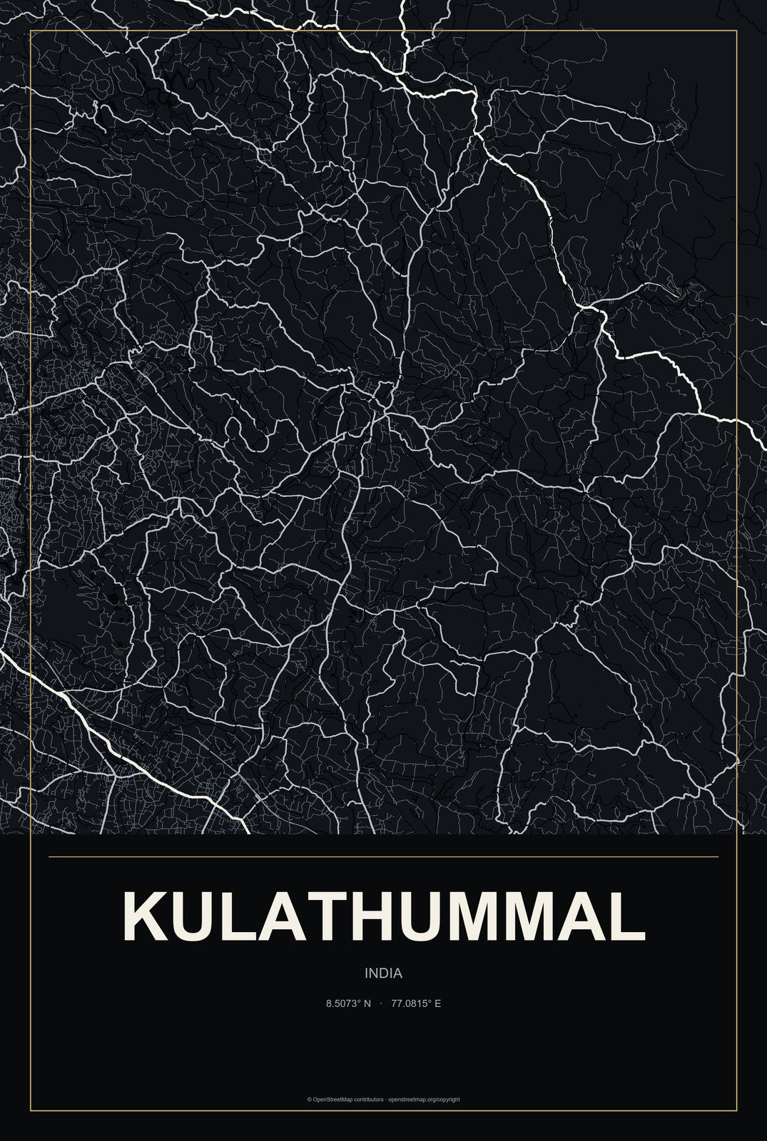 Kulathummal, India City Map Aluminum Sign in Metropolitan Noir style