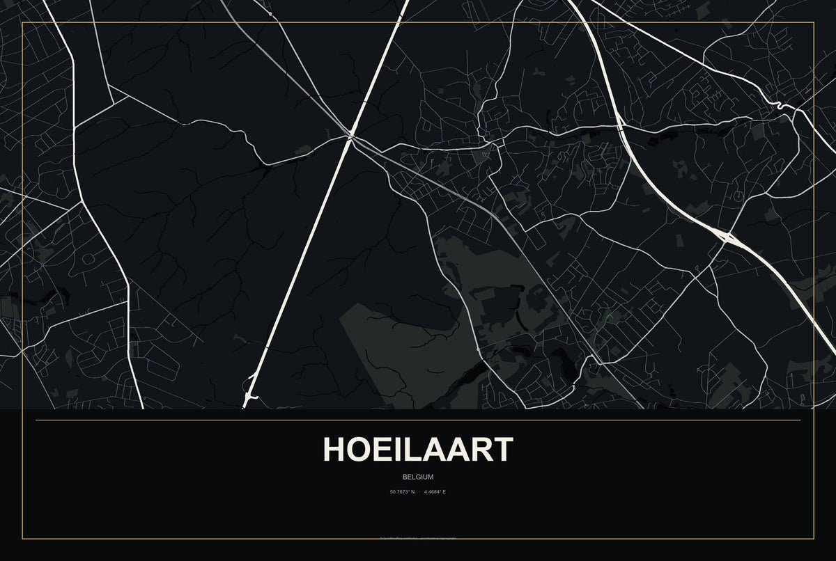Hoeilaart, Belgium City Map Aluminum Sign in Metropolitan Noir style