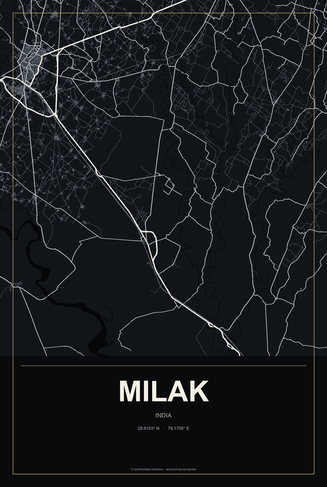 Milak, India City Map Aluminum Sign in Metropolitan Noir style