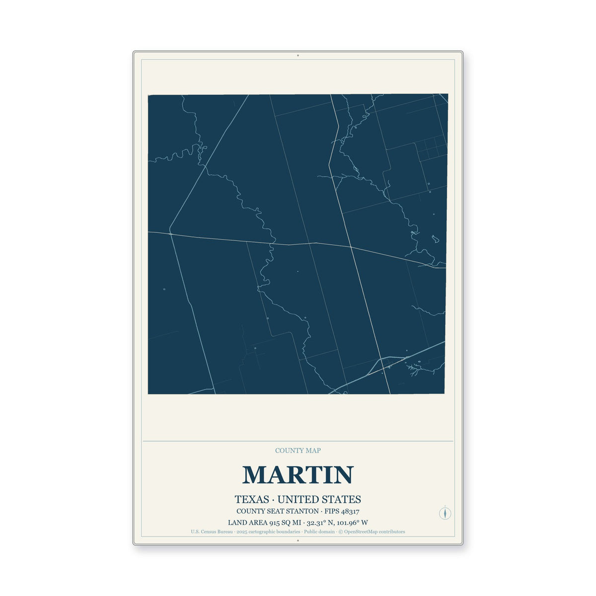 Martin County, Texas Map Aluminum Sign in Coastal Cutout style