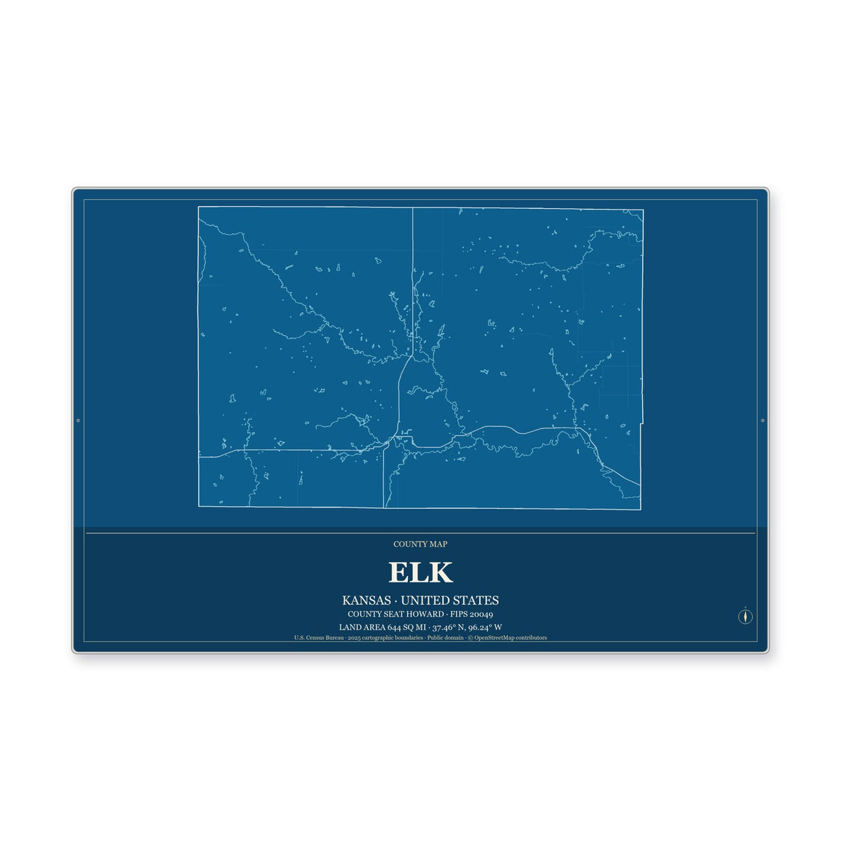 Elk County, Kansas Map Aluminum Sign in Harbor Cobalt style