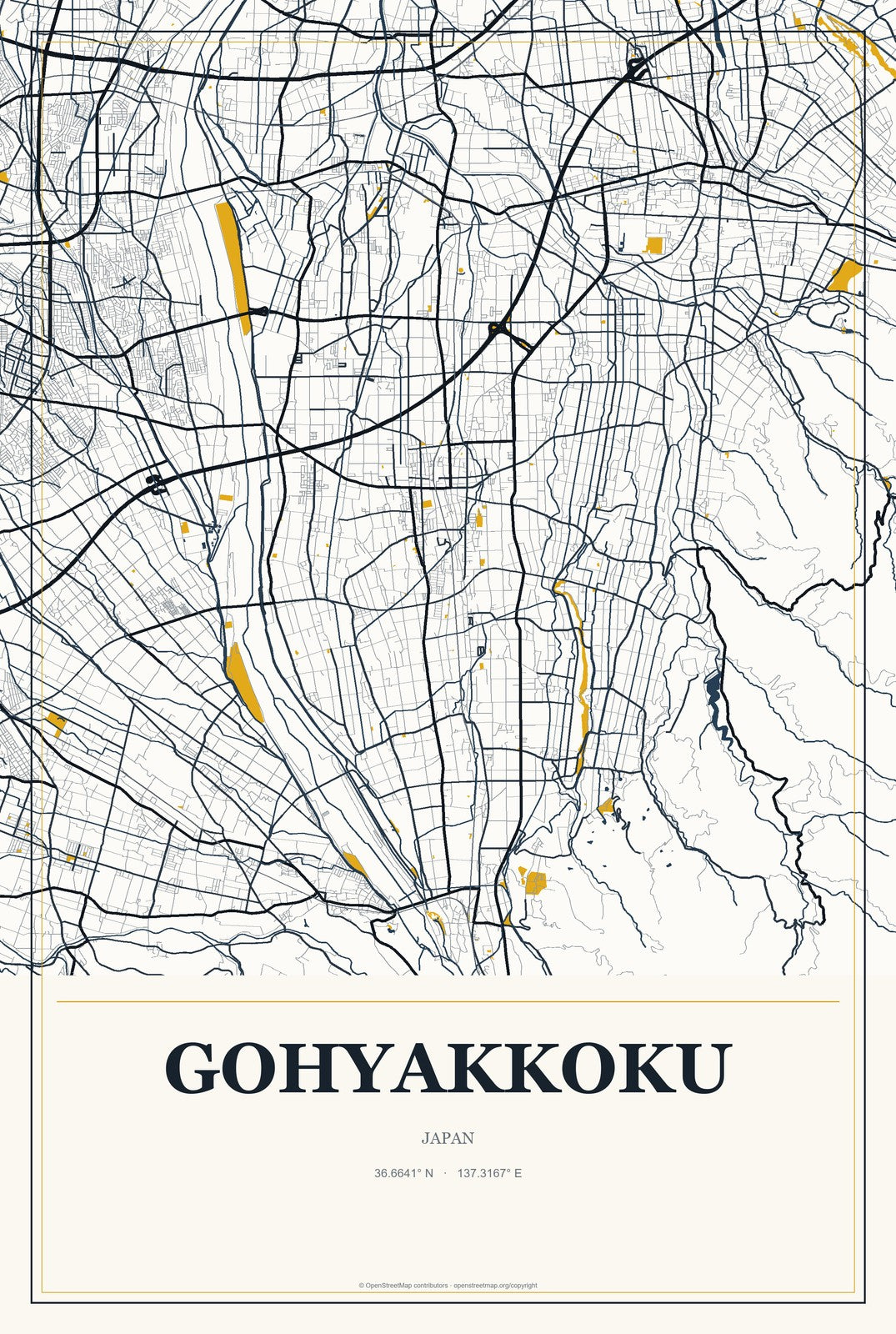 Gohyakkoku, Japan City Map Aluminum Sign in Citrine Modern style