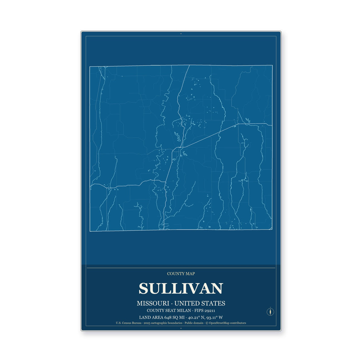 Sullivan County, Missouri Map Aluminum Sign in Harbor Cobalt style