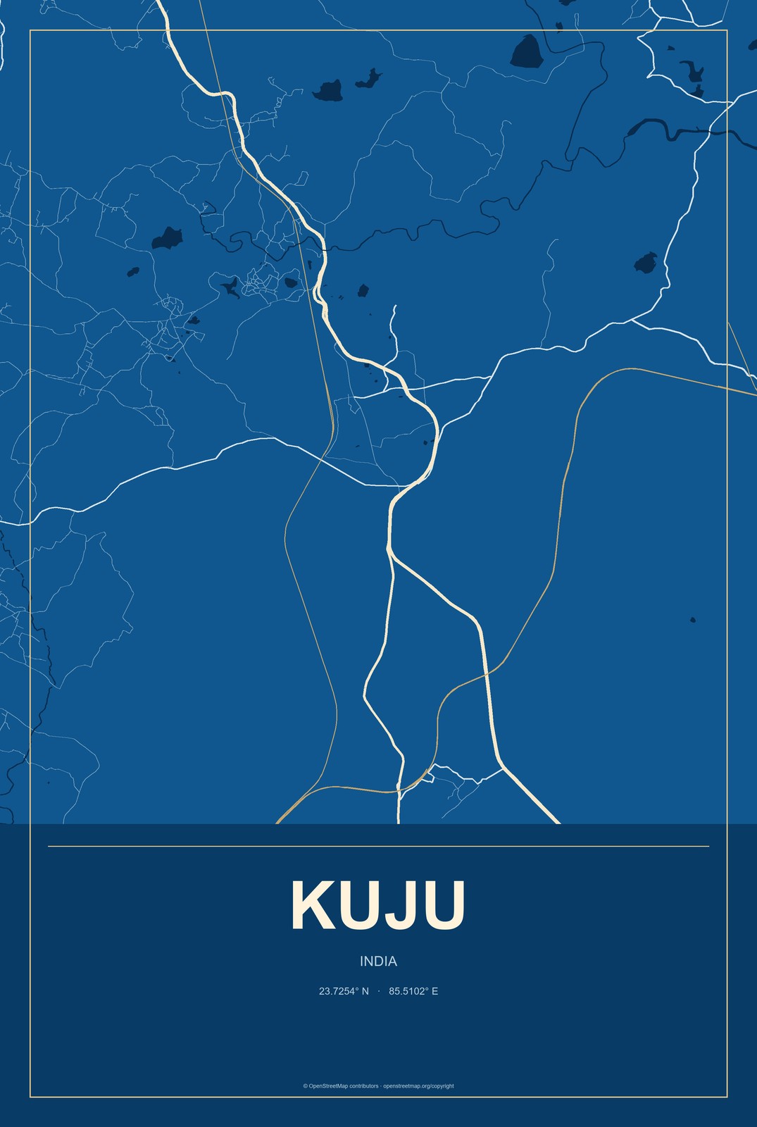 Kuju, India City Map Aluminum Sign in Harbor Cobalt style