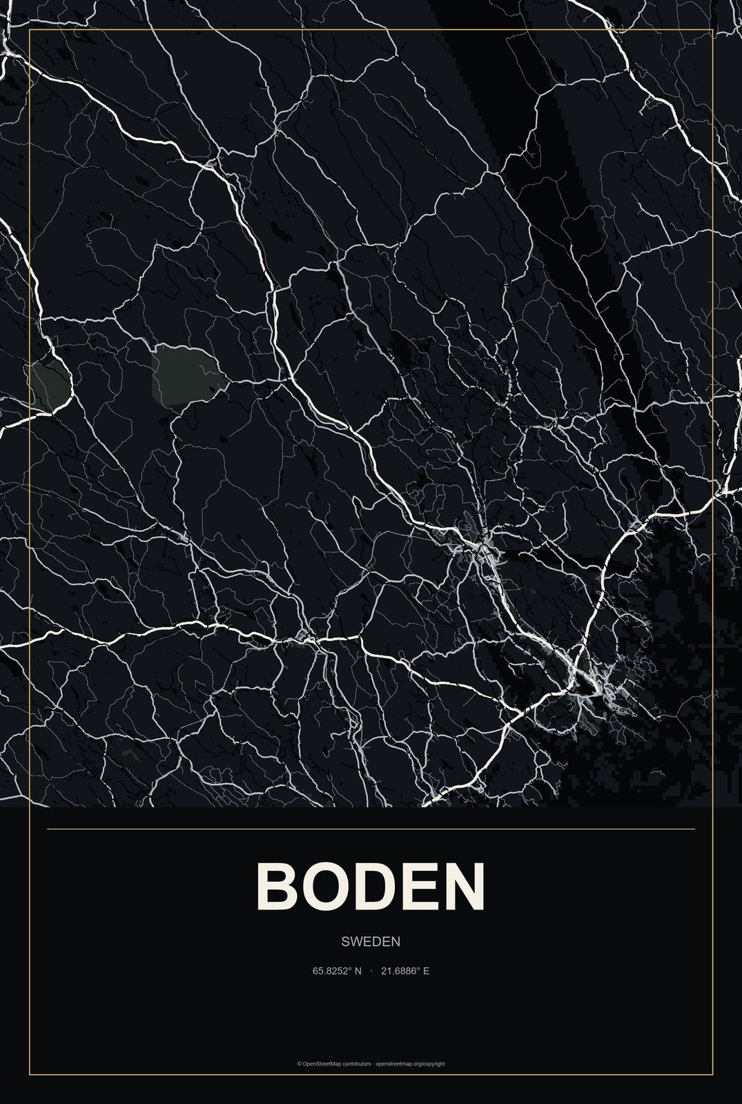 Boden, Sweden City Map Aluminum Sign in Metropolitan Noir style
