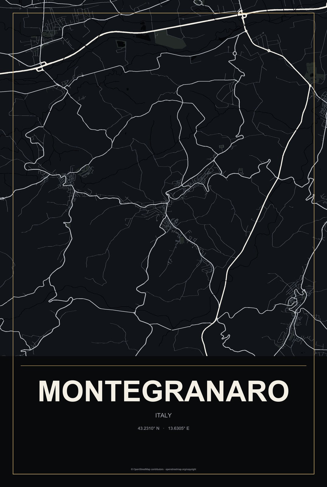 Montegranaro, Italy City Map Aluminum Sign in Metropolitan Noir style