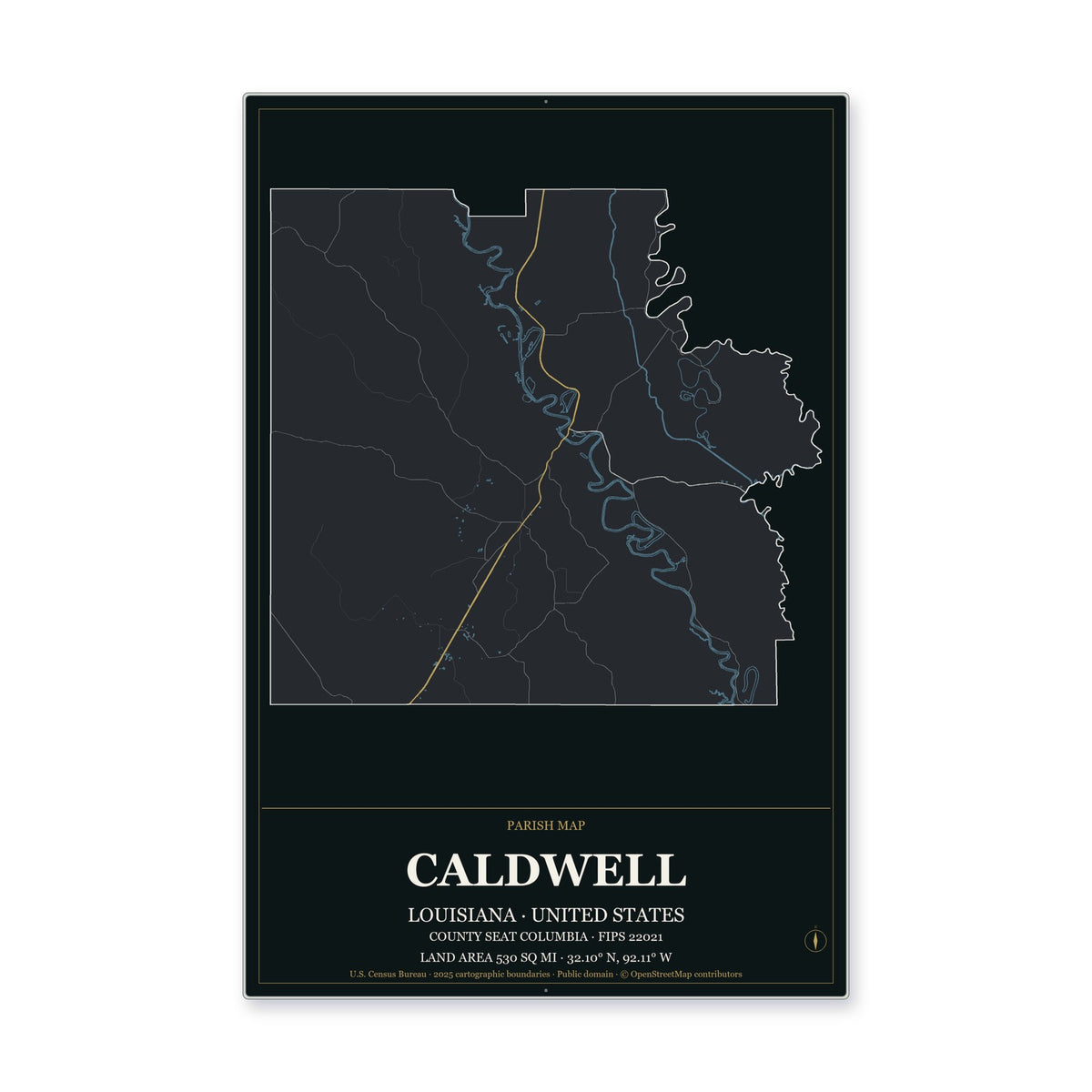 Caldwell Parish, Louisiana Map Aluminum Sign in Metropolitan Noir style
