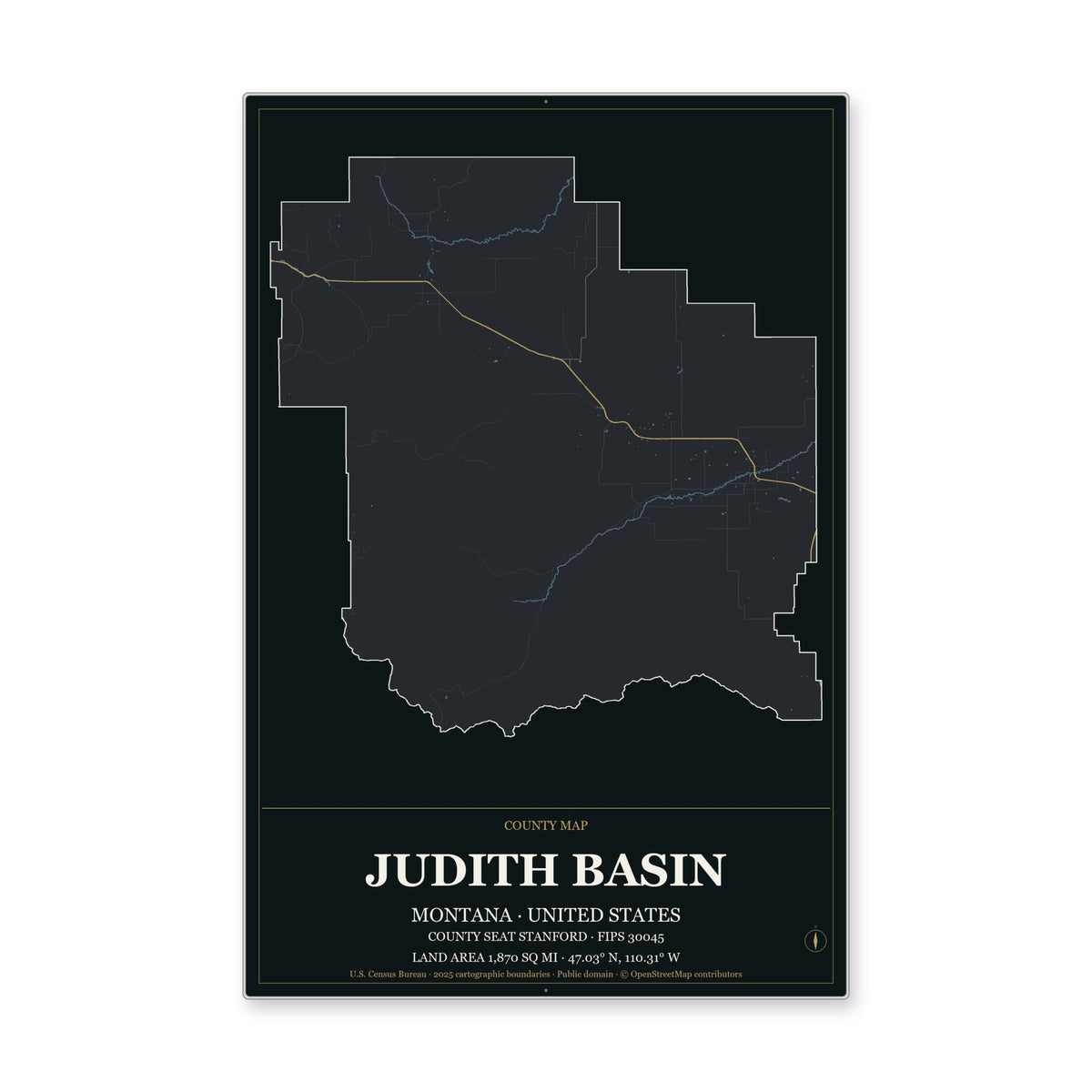 Judith Basin County, Montana Map Aluminum Sign in Metropolitan Noir style