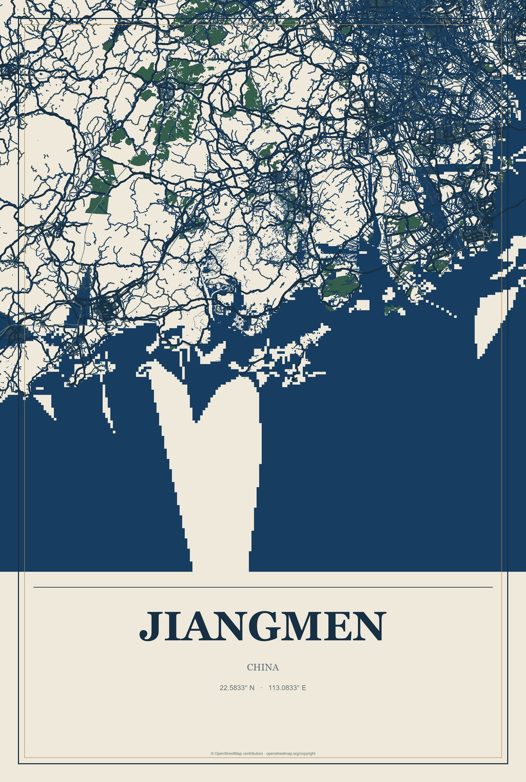 Jiangmen, China City Map Aluminum Sign in Coastal Cutout style