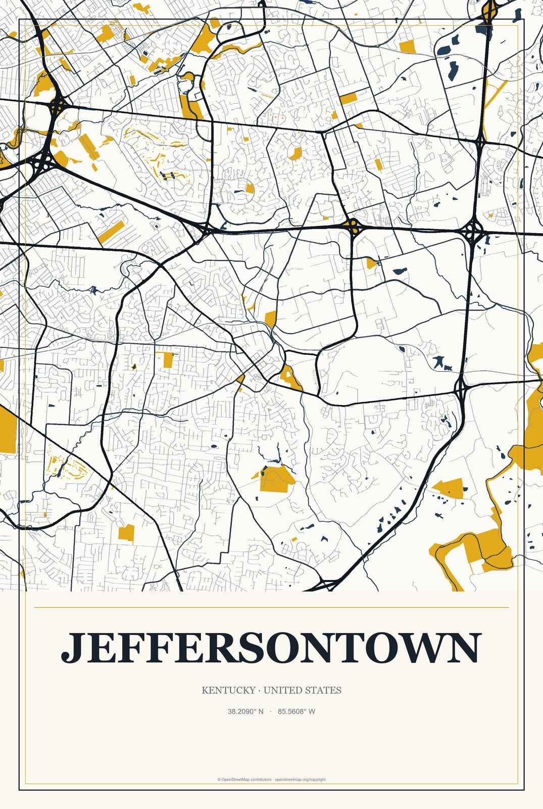 Jeffersontown, Kentucky City Map Aluminum Sign in Citrine Modern style