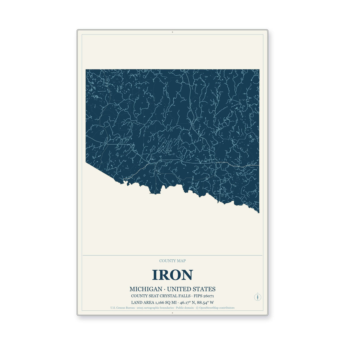 Iron County, Michigan Map Aluminum Sign in Coastal Cutout style