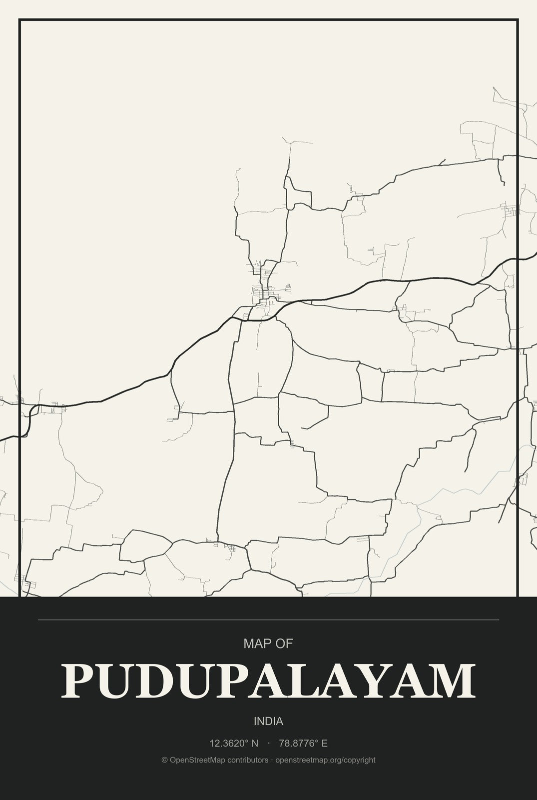 Pudupalayam, India City Map Aluminum Sign in Museum Plaque style