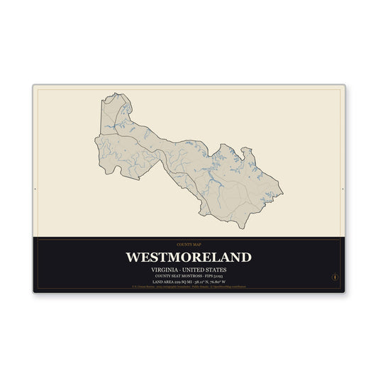 Westmoreland County, Virginia Map Aluminum Sign in Museum Plaque style