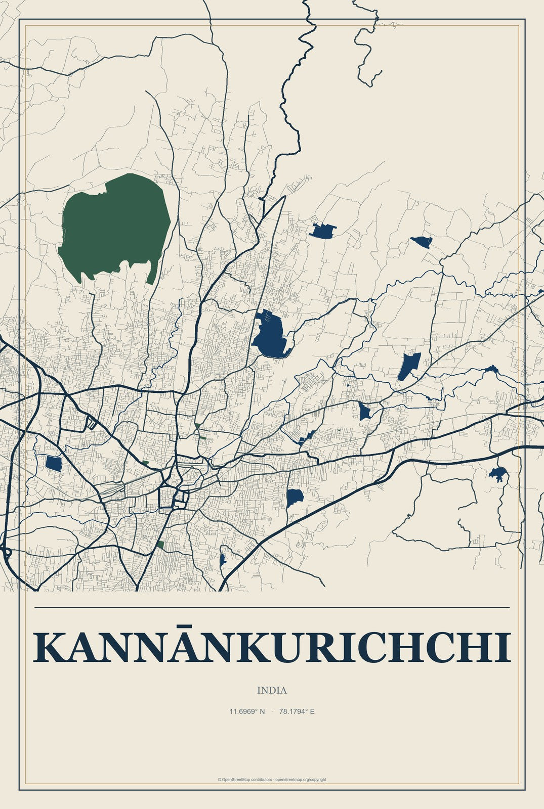 Kannānkurichchi, India City Map Aluminum Sign in Coastal Cutout style