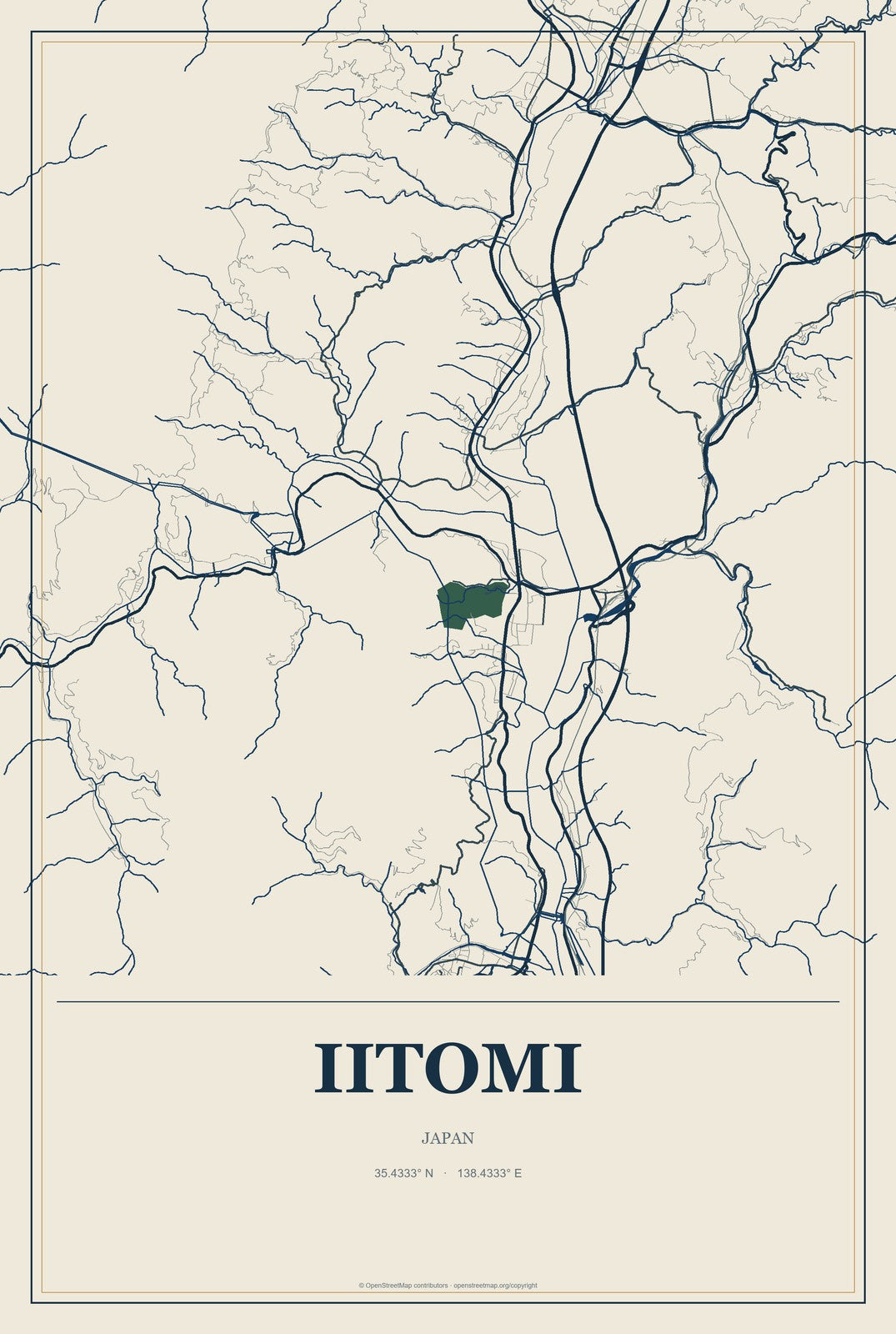 Iitomi, Japan City Map Aluminum Sign in Coastal Cutout style