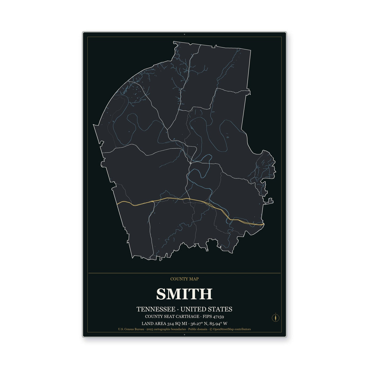 Smith County, Tennessee Map Aluminum Sign in Metropolitan Noir style
