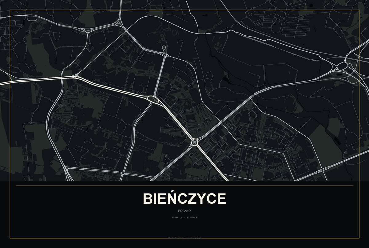Bieńczyce, Poland City Map Aluminum Sign in Metropolitan Noir style
