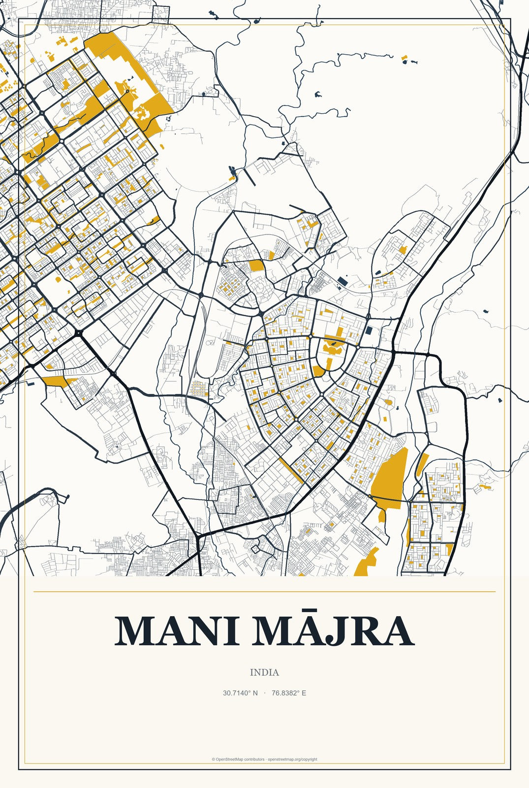 Mani Mājra, India City Map Aluminum Sign in Citrine Modern style